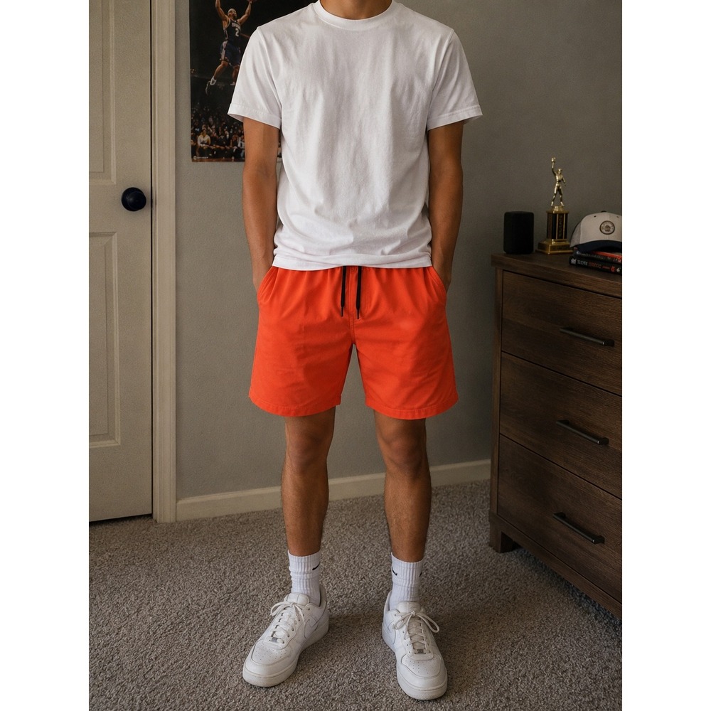 Orange Athletic Shorts Mens Large Black Stripe Drawstring Gym Training Running